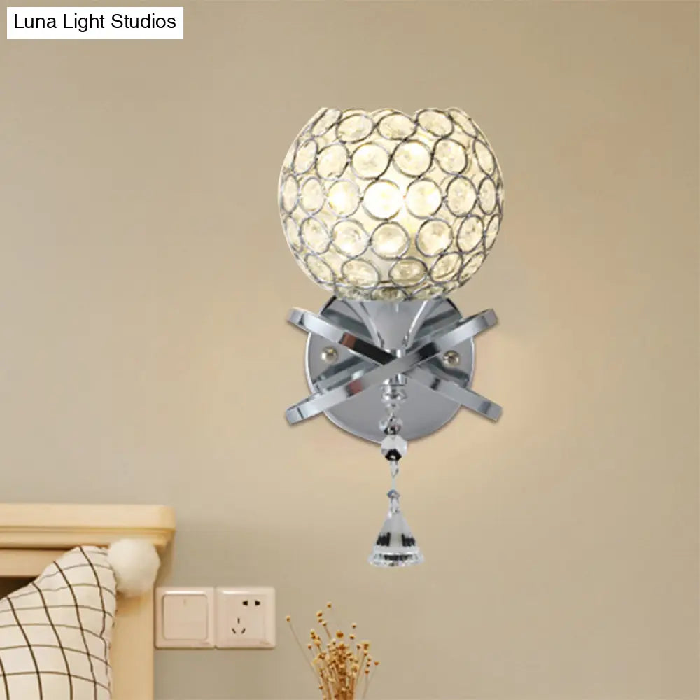 Globe Cutout Metal Shade Crystal Wall Sconce In Gold With Dropped Ball Accent