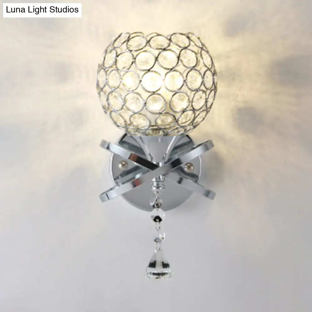 Globe Cutout Metal Shade Crystal Wall Sconce In Gold With Dropped Ball Accent