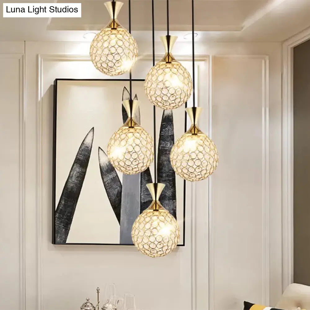 Globe Dining Room Ceiling Lamp Crystal Encrusted Pendant Light Fixture - Gold 3/5 Bulbs 5 /