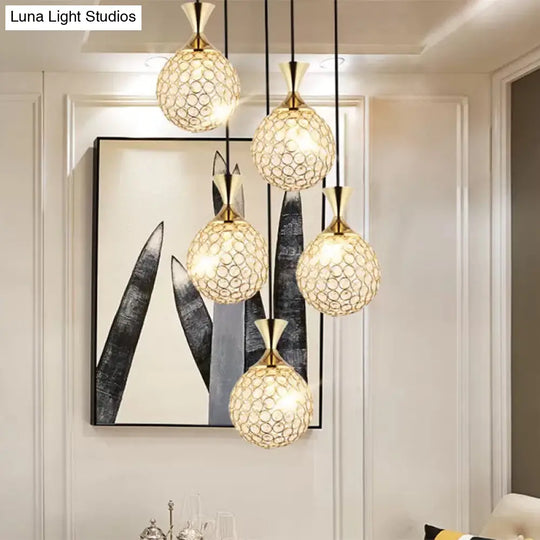 Globe Dining Room Ceiling Lamp Crystal Encrusted Pendant Light Fixture - Gold 3/5 Bulbs 5 /