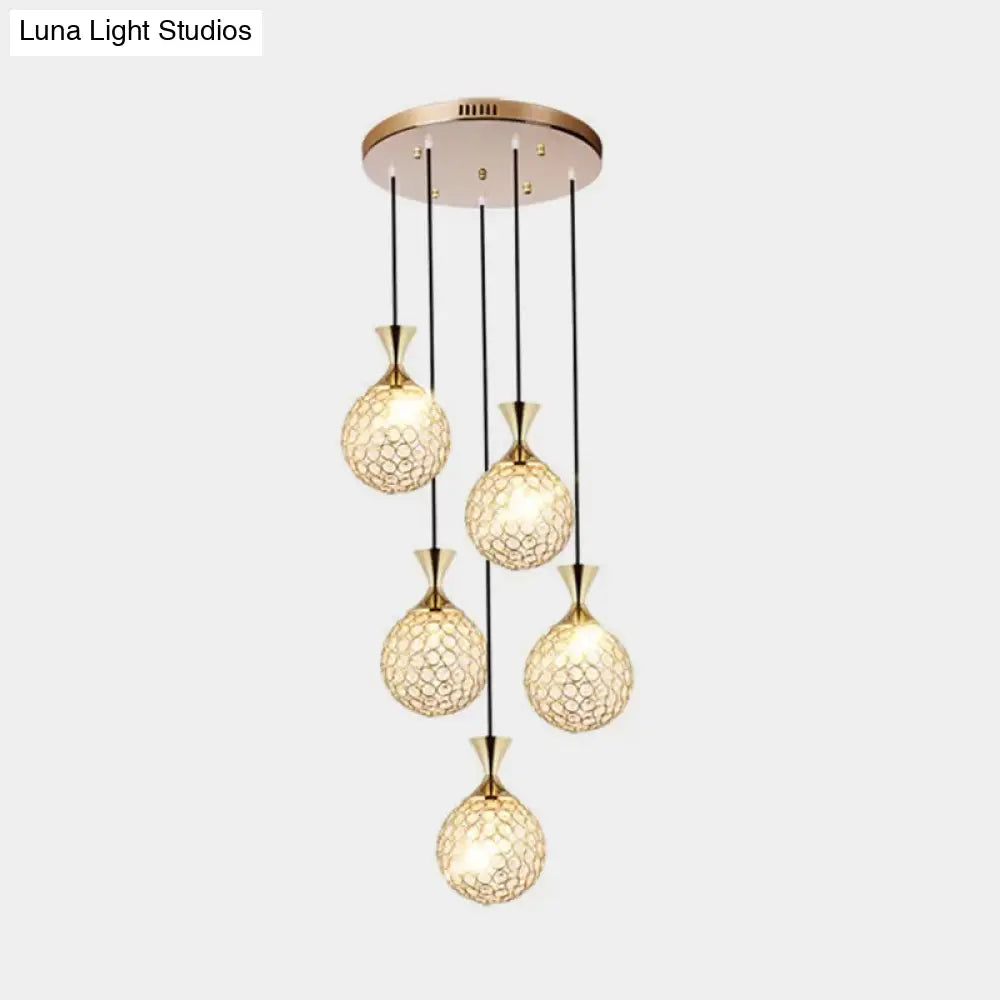 Globe Dining Room Ceiling Lamp Crystal Encrusted Pendant Light Fixture - Gold 3/5 Bulbs