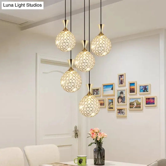 Globe Dining Room Ceiling Lamp Crystal Encrusted Pendant Light Fixture - Gold 3/5 Bulbs