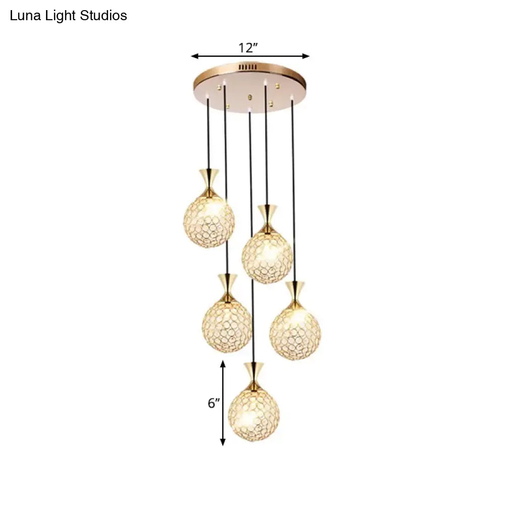 Globe Dining Room Ceiling Lamp Crystal Encrusted Pendant Light Fixture - Gold 3/5 Bulbs