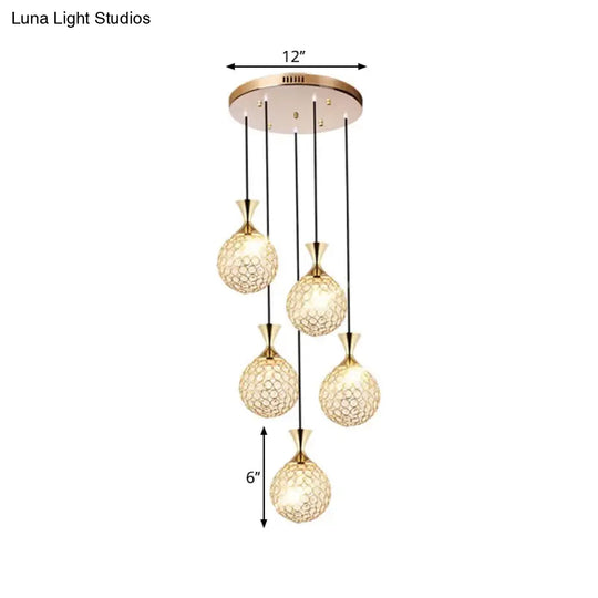 Globe Dining Room Ceiling Lamp Crystal Encrusted Pendant Light Fixture - Gold 3/5 Bulbs