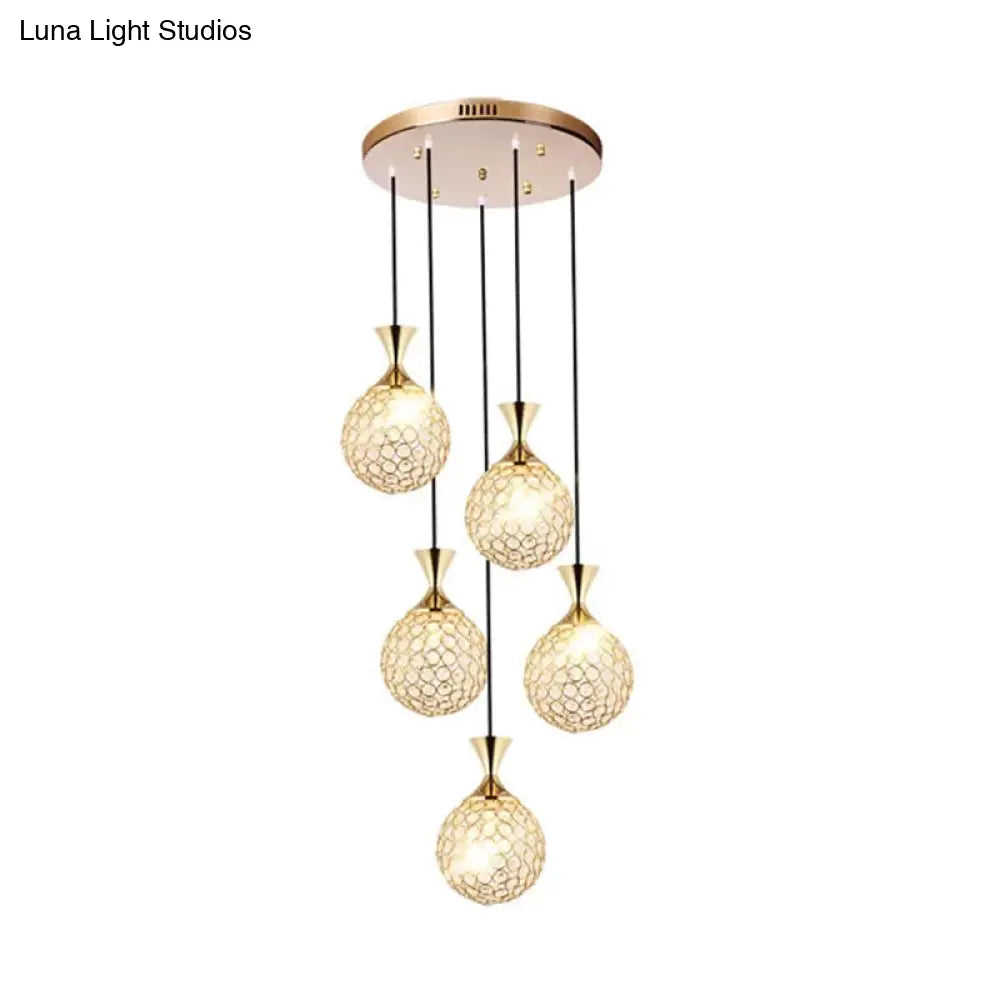 Globe Dining Room Ceiling Lamp Crystal Encrusted Pendant Light Fixture - Gold 3/5 Bulbs