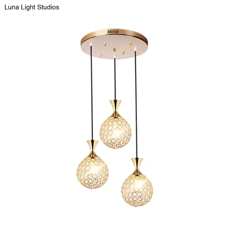 Globe Dining Room Ceiling Lamp Crystal Encrusted Pendant Light Fixture - Gold 3/5 Bulbs