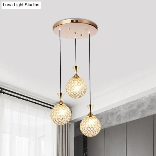 Globe Dining Room Ceiling Lamp Crystal Encrusted Pendant Light Fixture - Gold 3/5 Bulbs 3 /
