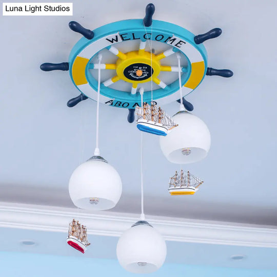 Globe Down Lighting Nautical Opaque Glass 3 Heads Nursery Multiple Lamp Pendant With Rudder Canopy