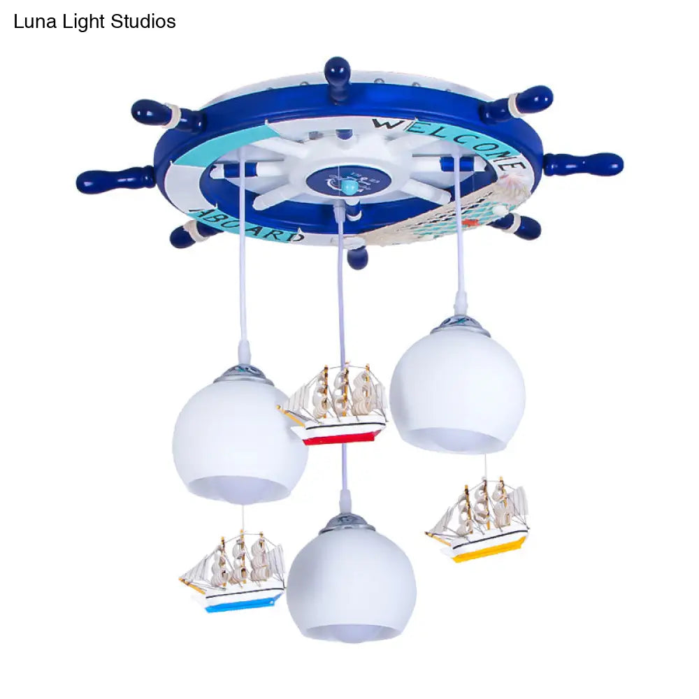 Globe Down Lighting Nautical Opaque Glass 3 Heads Nursery Multiple Lamp Pendant With Rudder Canopy