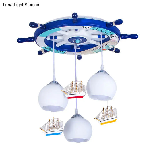 Globe Down Lighting Nautical Opaque Glass 3 Heads Nursery Multiple Lamp Pendant With Rudder Canopy