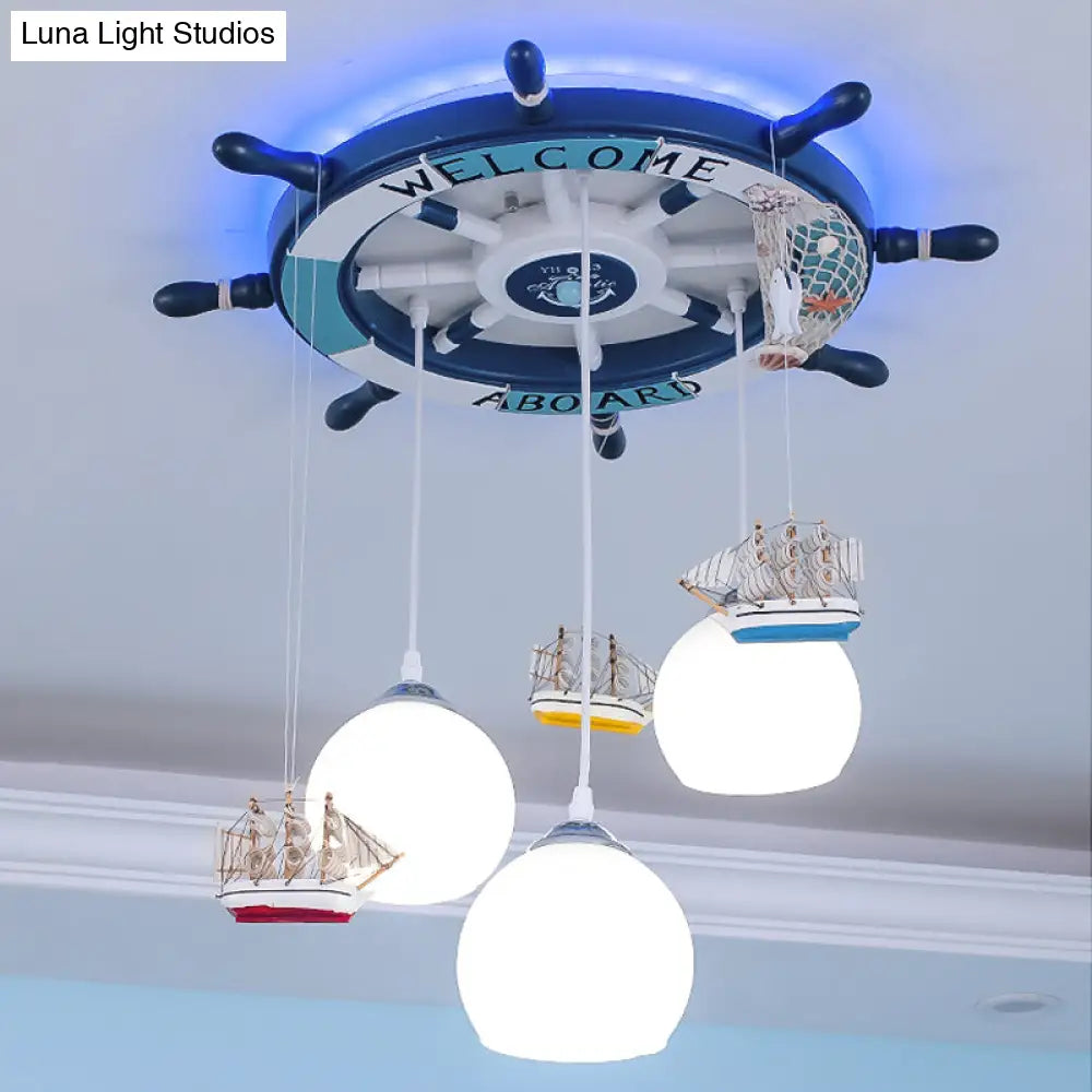 Globe Down Lighting Nautical Opaque Glass 3 Heads Nursery Multiple Lamp Pendant With Rudder Canopy