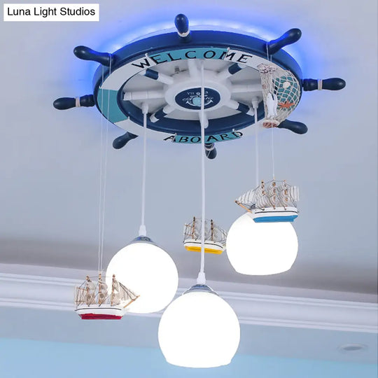 Globe Down Lighting Nautical Opaque Glass 3 Heads Nursery Multiple Lamp Pendant With Rudder Canopy