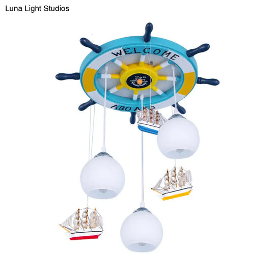 Globe Down Lighting Nautical Opaque Glass 3 Heads Nursery Multiple Lamp Pendant With Rudder Canopy