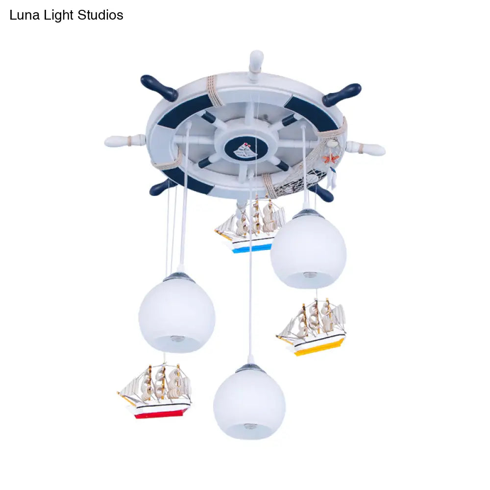 Globe Down Lighting Nautical Opaque Glass 3 Heads Nursery Multiple Lamp Pendant With Rudder Canopy