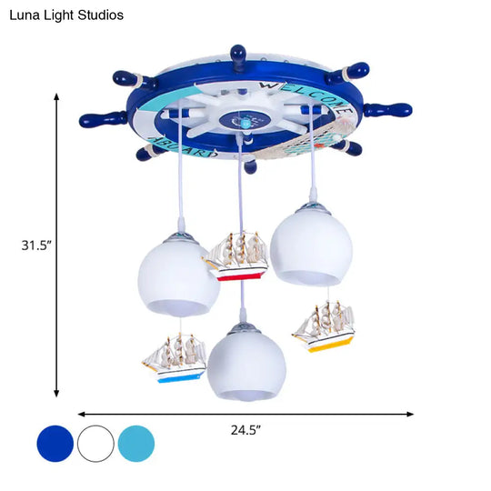 Globe Down Lighting Nautical Opaque Glass 3 Heads Nursery Multiple Lamp Pendant With Rudder Canopy