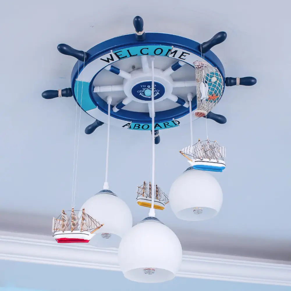 Globe Down Lighting Nautical Opaque Glass 3 Heads Nursery Multiple Lamp Pendant With Rudder Canopy