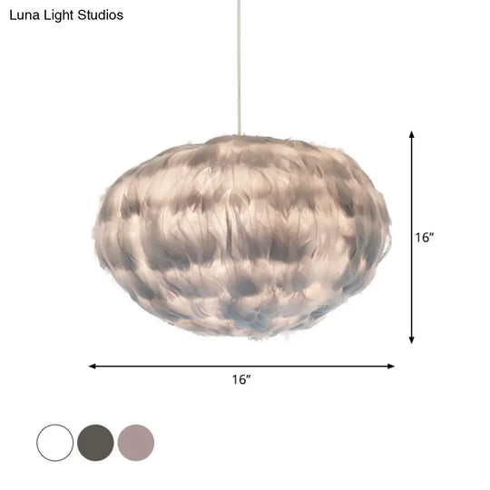 Globe Feather Suspension Lamp: Simple Style Hanging Pendant In Grey/White/Pink