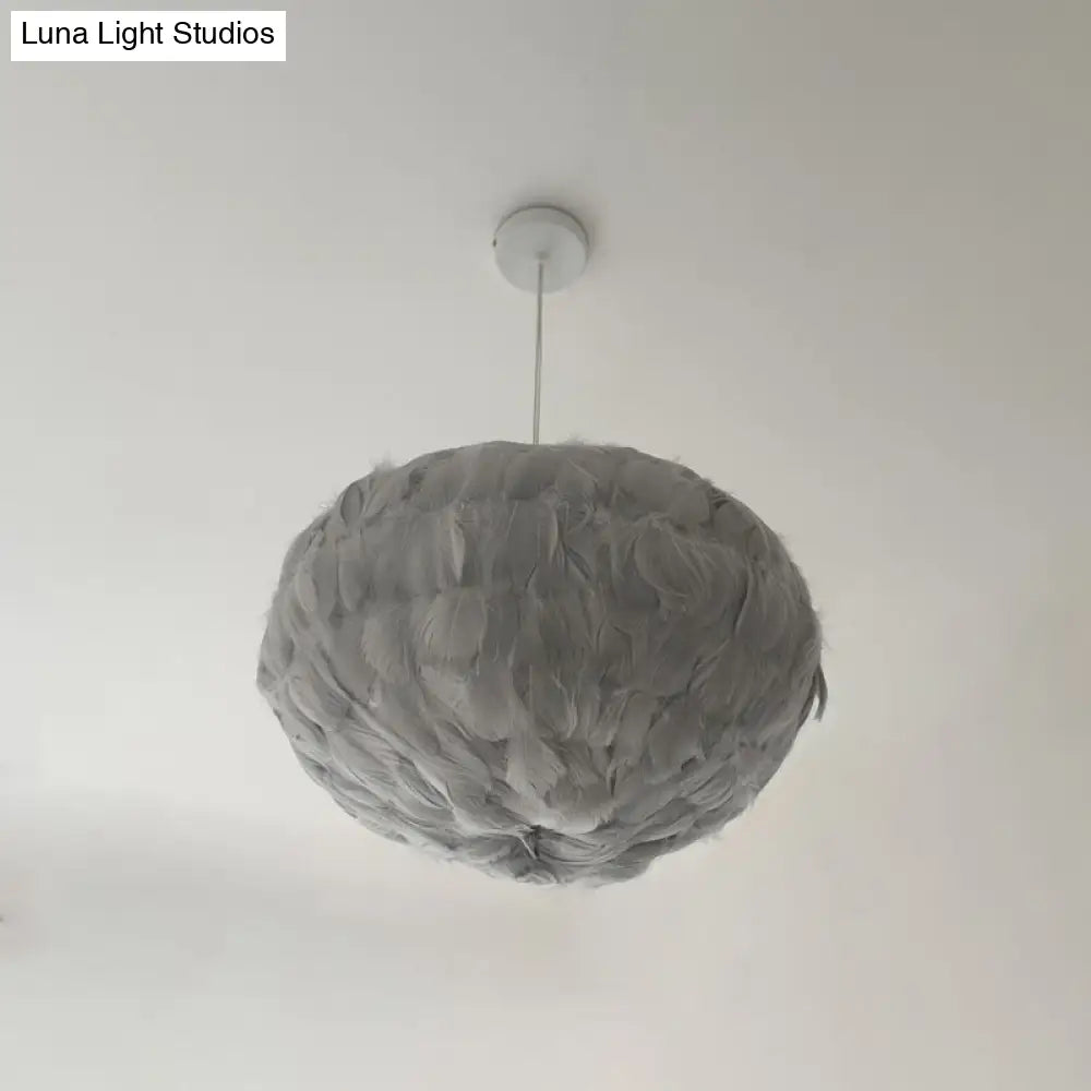 Feathered Globe Dining Room Pendant Lamp With 1 Bulb In Grey/White/Pink