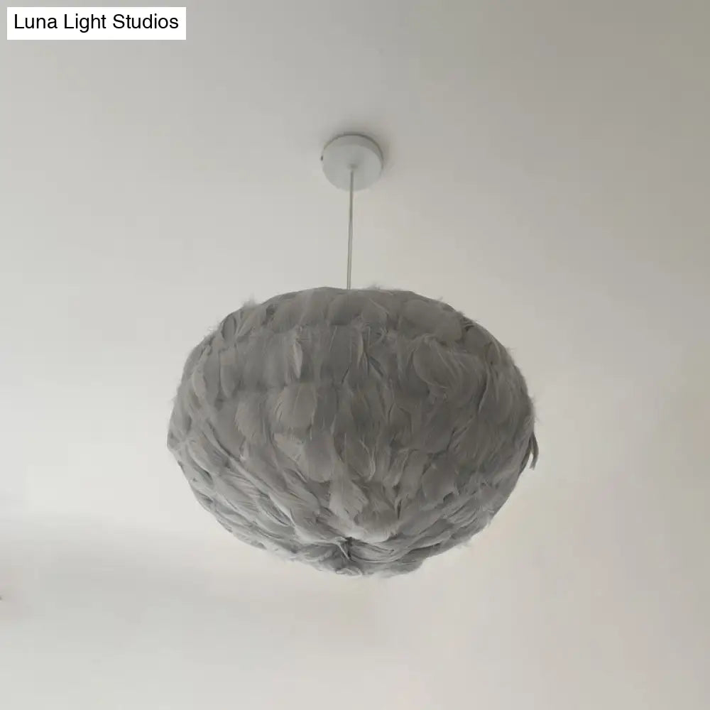 Globe Feather Suspension Lamp: Simple Style Hanging Pendant In Grey/White/Pink