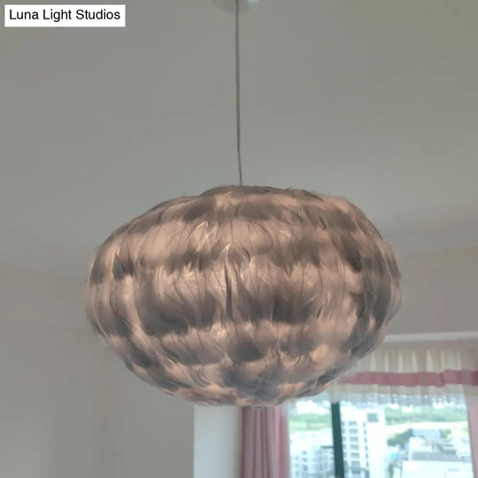 Globe Feather Suspension Lamp: Simple Style Hanging Pendant In Grey/White/Pink