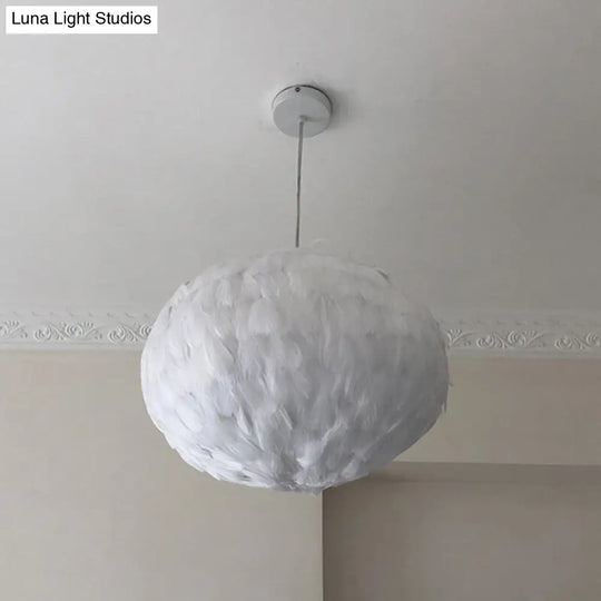 Feathered Globe Dining Room Pendant Lamp With 1 Bulb In Grey/White/Pink