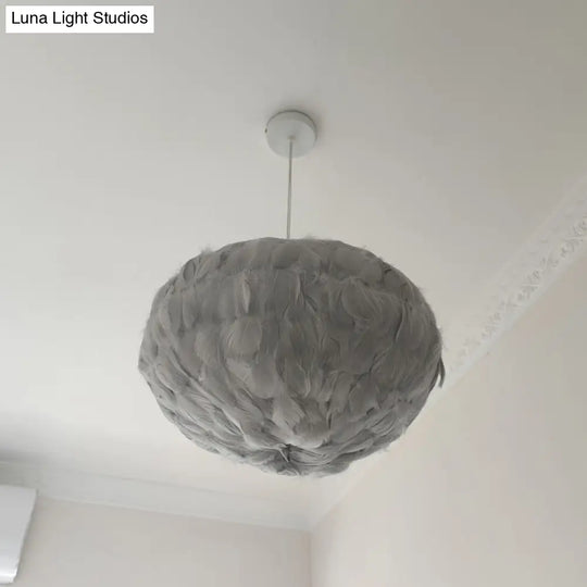 Feathered Globe Dining Room Pendant Lamp With 1 Bulb In Grey/White/Pink