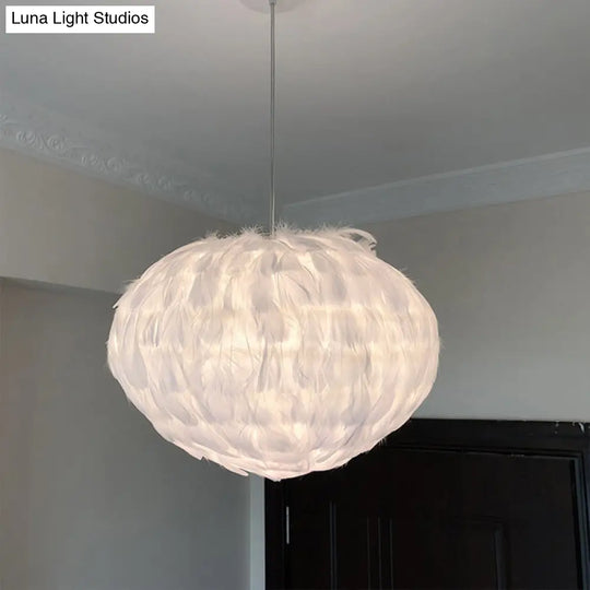 Feathered Globe Dining Room Pendant Lamp With 1 Bulb In Grey/White/Pink White