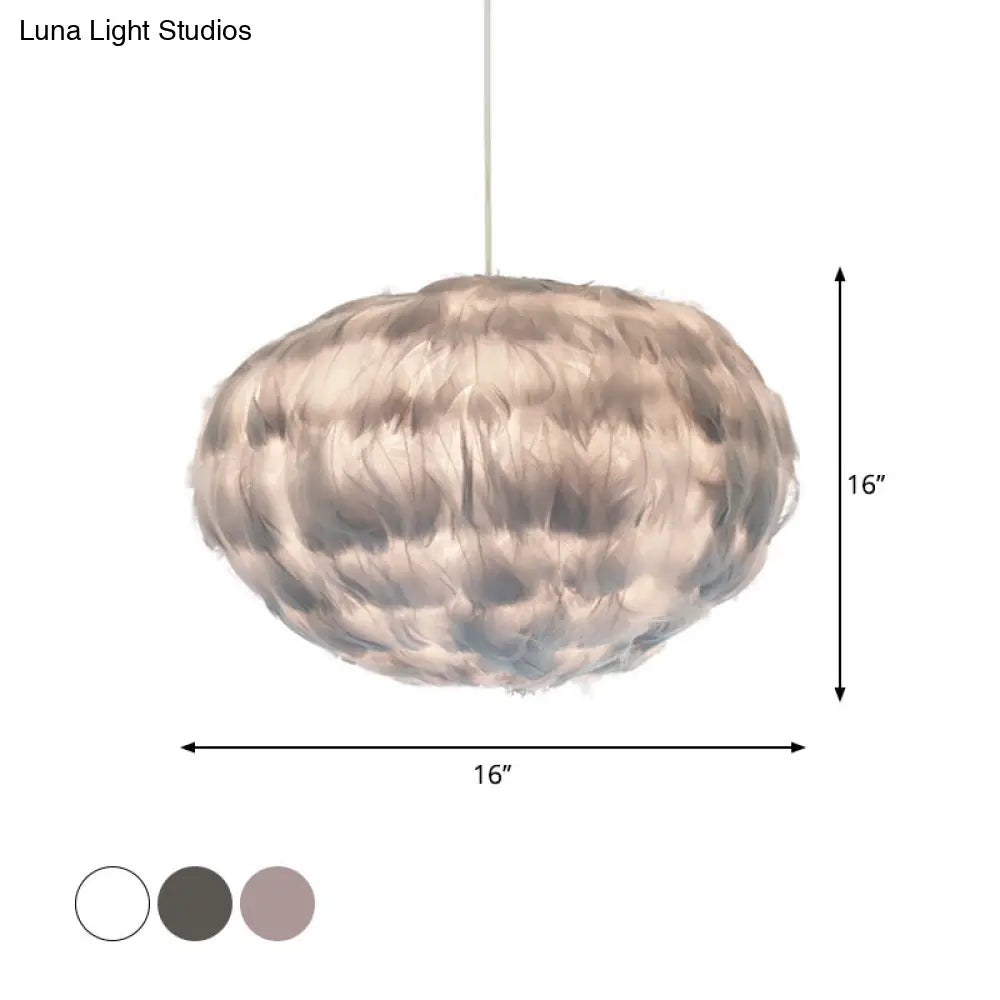 Feathered Globe Dining Room Pendant Lamp With 1 Bulb In Grey/White/Pink