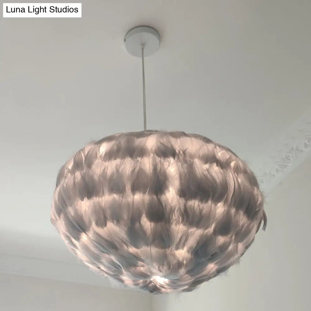 Feathered Globe Dining Room Pendant Lamp With 1 Bulb In Grey/White/Pink Grey