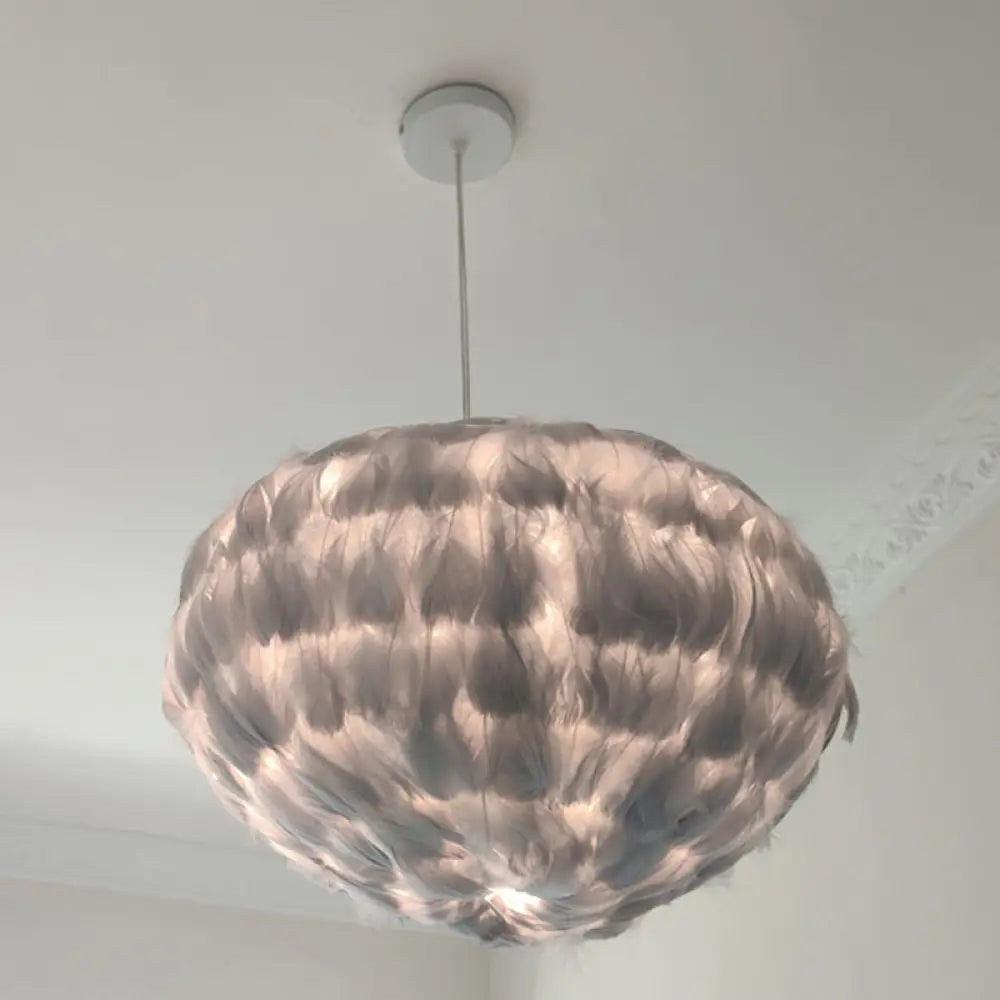 Globe Feather Suspension Lamp: Simple Style Hanging Pendant In Grey/White/Pink Grey