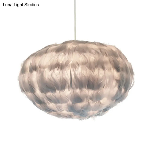 Feathered Globe Dining Room Pendant Lamp With 1 Bulb In Grey/White/Pink