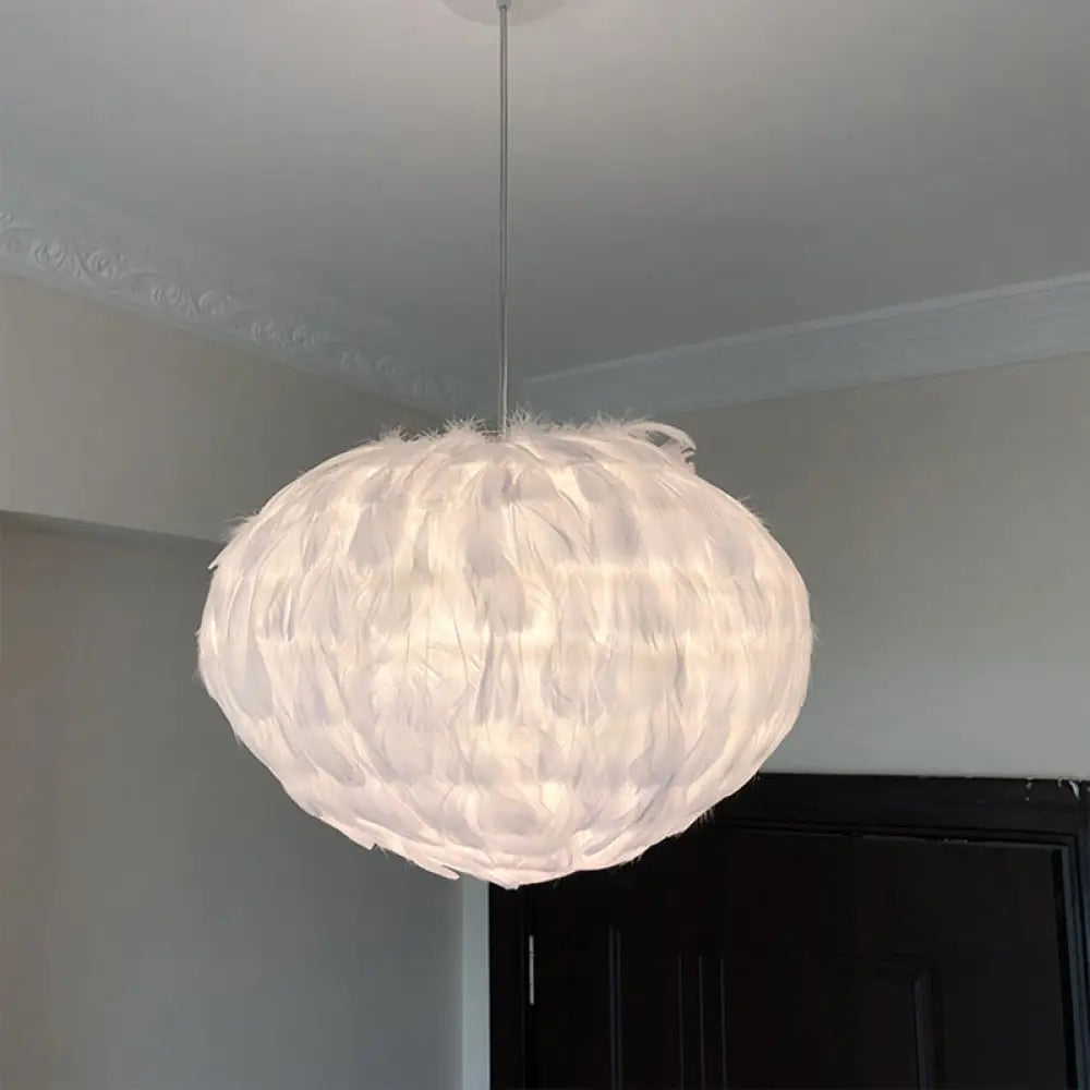 Globe Feather Suspension Lamp: Simple Style Hanging Pendant In Grey/White/Pink White