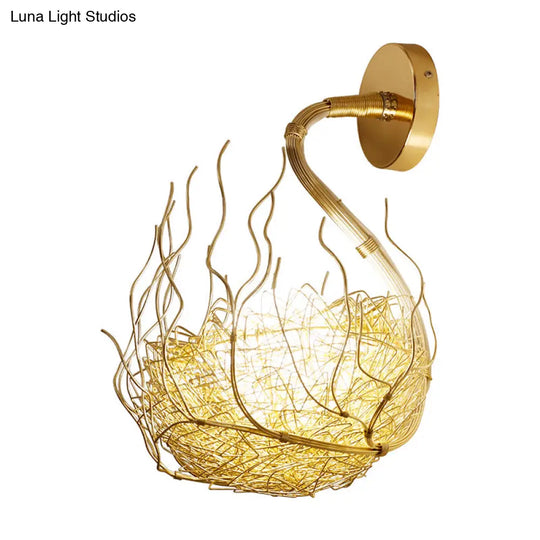 Globe Glass Wall Light Fixture With Gold Nest Design - Postmodern Sconce 8.5/10 Wide