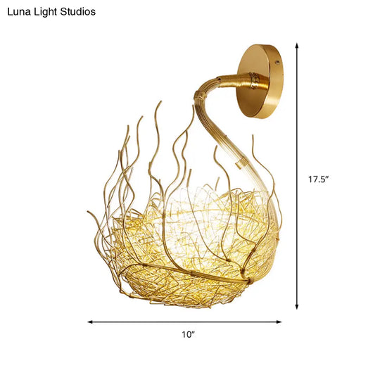 Globe Glass Wall Light Fixture With Gold Nest Design - Postmodern Sconce 8.5/10 Wide