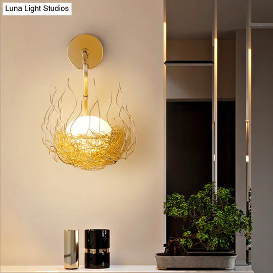 Globe Glass Wall Light Fixture With Gold Nest Design - Postmodern Sconce 8.5/10 Wide