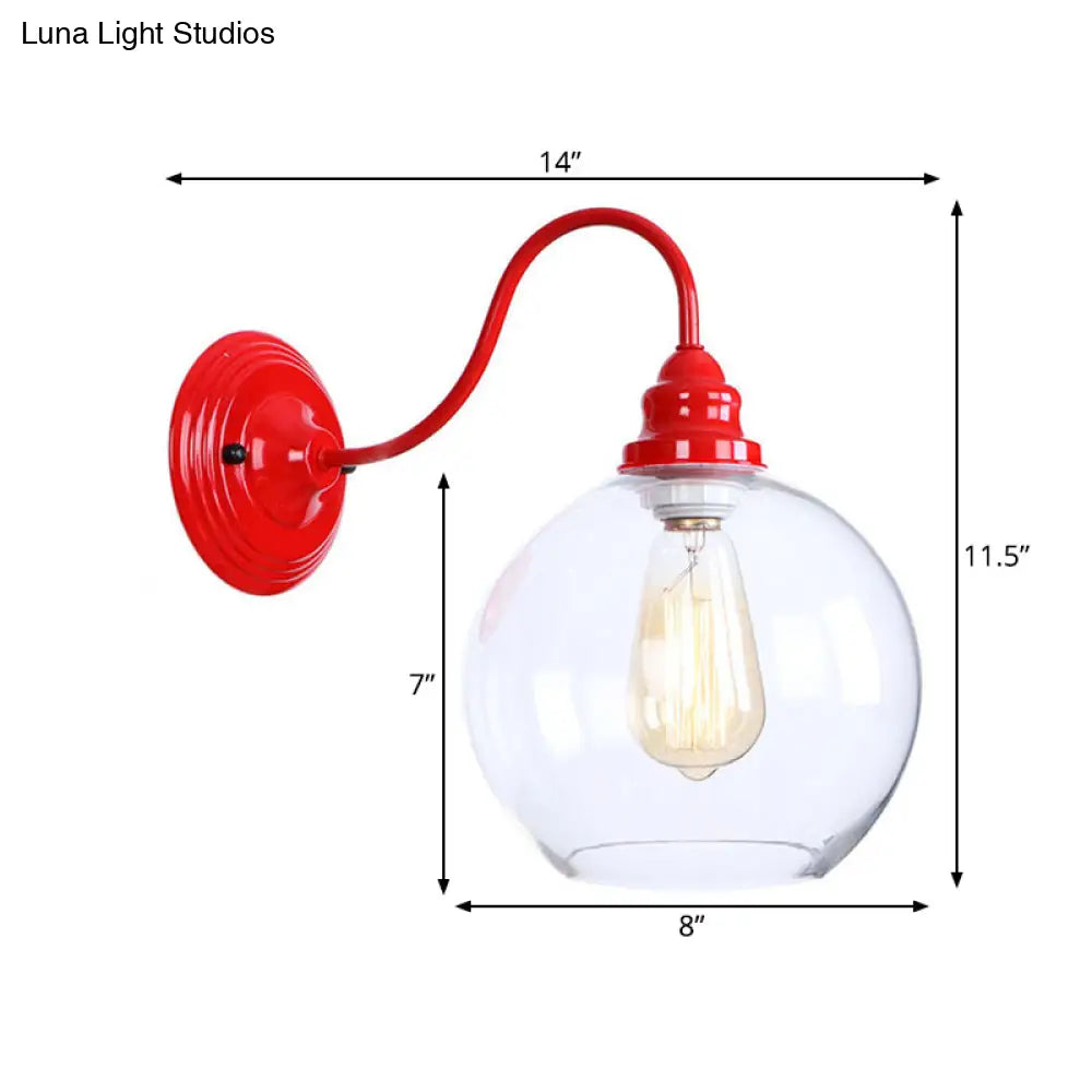 Globe Industrial Wall Light Fixture - Clear Glass Red Sconce Lamp