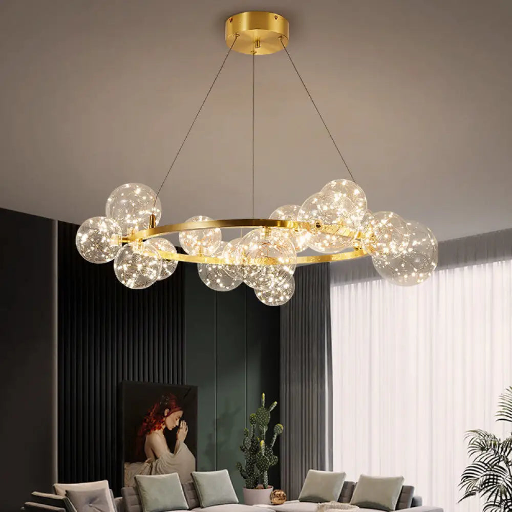 Globe Living Room Led Chandelier Light - Contemporary Clear Glass With Gold Halo Ring 15 / Natural