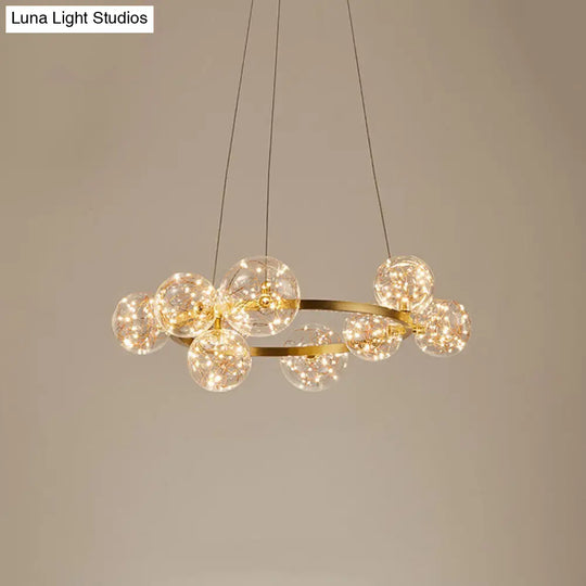 Contemporary Led Chandelier Light With Halo Ring - Clear Glass Globe Living Room Ceiling Lighting In