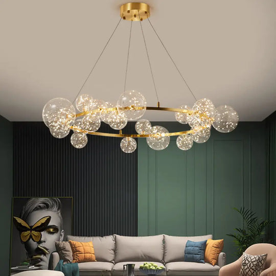 Globe Living Room Led Chandelier Light - Contemporary Clear Glass With Gold Halo Ring 24 / Natural
