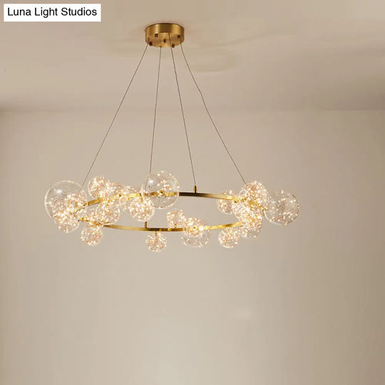 Contemporary Led Chandelier Light With Halo Ring - Clear Glass Globe Living Room Ceiling Lighting In