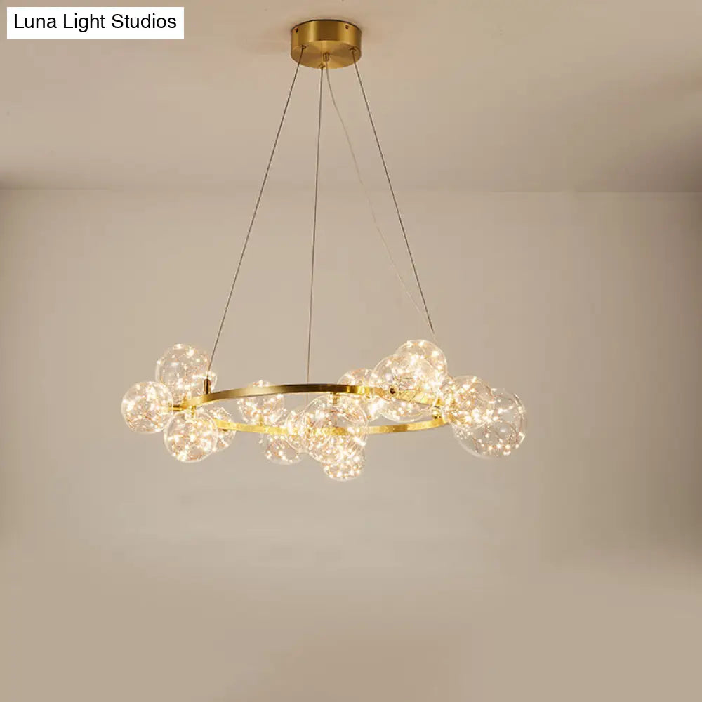 Contemporary Led Chandelier Light With Halo Ring - Clear Glass Globe Living Room Ceiling Lighting In