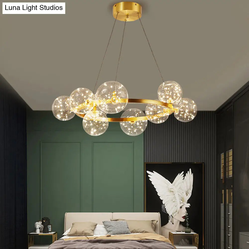 Contemporary Led Chandelier Light With Halo Ring - Clear Glass Globe Living Room Ceiling Lighting In