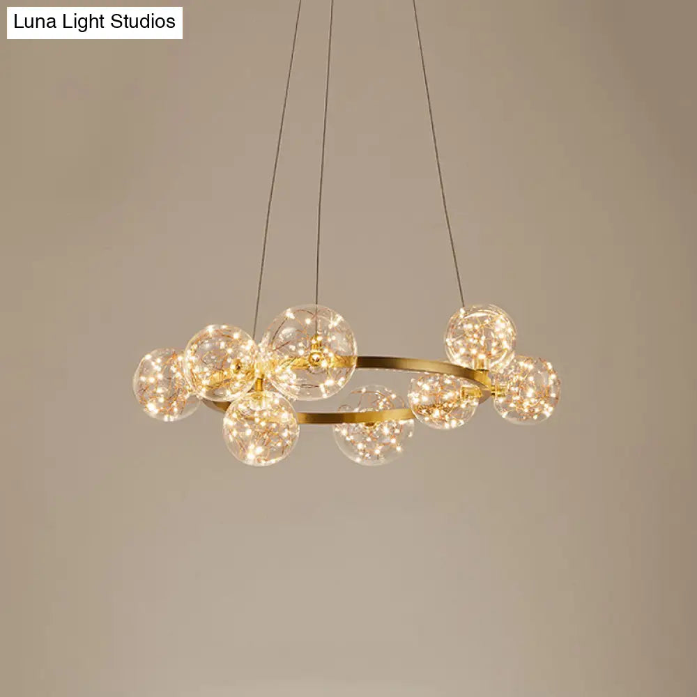 Globe Living Room Led Chandelier Light - Contemporary Clear Glass With Gold Halo Ring