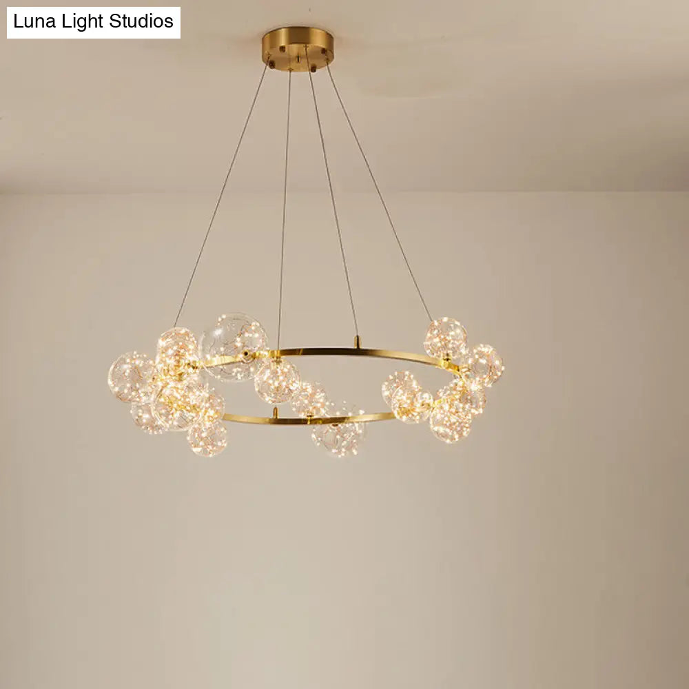 Contemporary Led Chandelier Light With Halo Ring - Clear Glass Globe Living Room Ceiling Lighting In