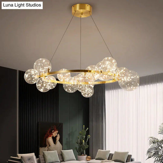 Contemporary Led Chandelier Light With Halo Ring - Clear Glass Globe Living Room Ceiling Lighting In