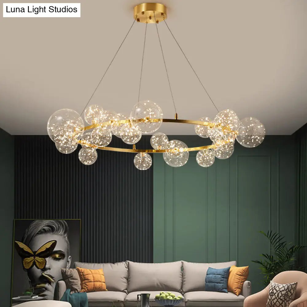 Contemporary Led Chandelier Light With Halo Ring - Clear Glass Globe Living Room Ceiling Lighting In