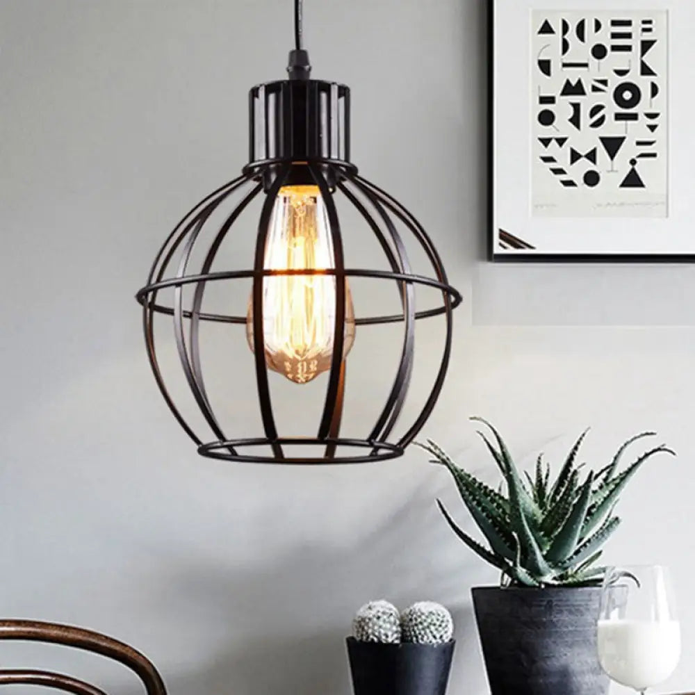 Globe Metal Hanging Pendant Lamp For Dining Room - Industrial Style Single Light Black Finish