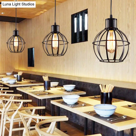 Black Industrial Single Light Pendant Lamp - Globe Metal Hanging For Dining Room