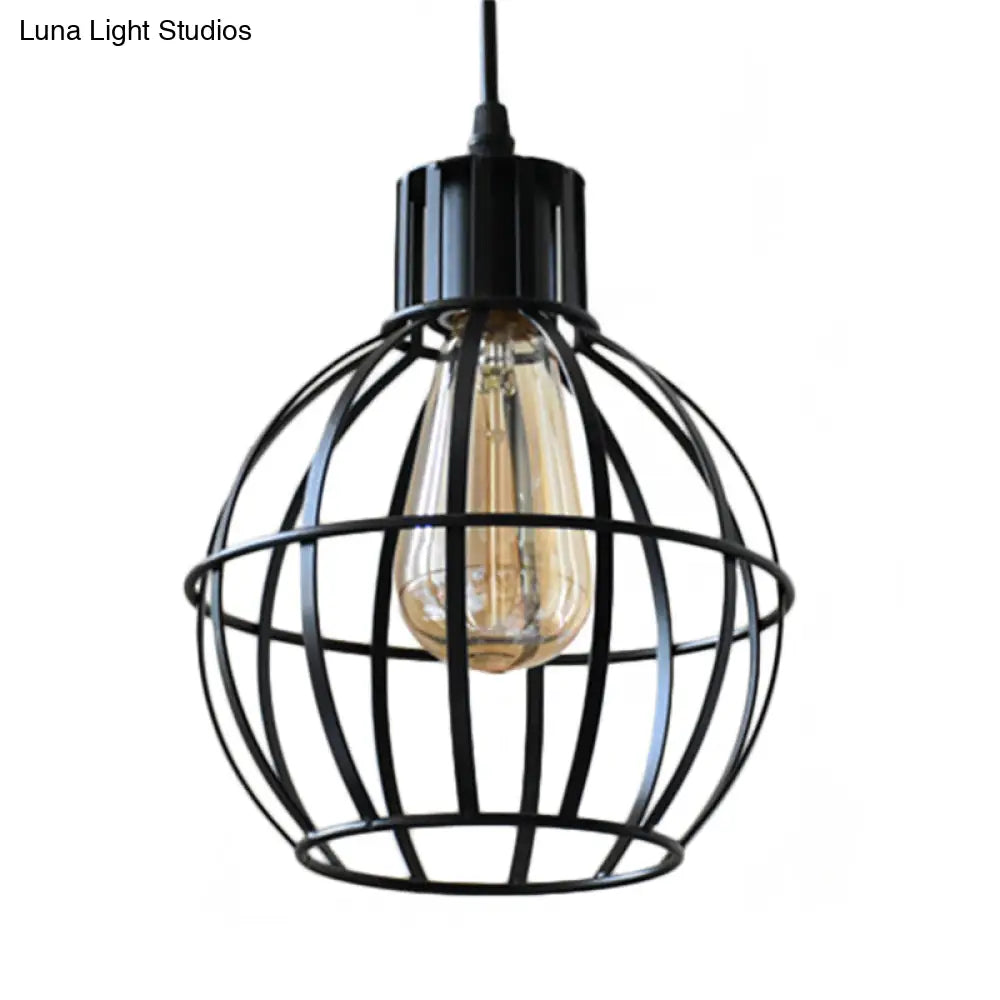 Globe Metal Hanging Pendant Lamp For Dining Room - Industrial Style Single Light Black Finish