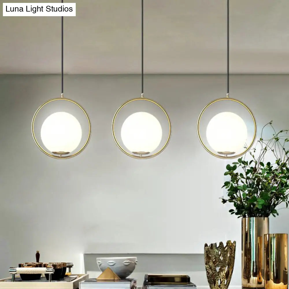 Modern Milky Glass Pendant Light With Brass Loop - Globe Dining Room Suspension Lamp 1 Bulb